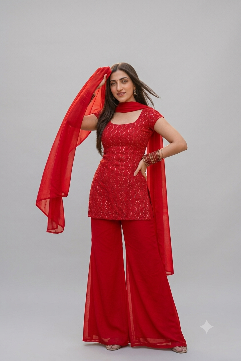 Women's Red Embroidered Kurti Palazzo & Dupatta Set