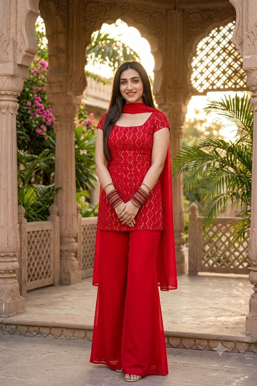 Women's Red Embroidered Kurti Palazzo & Dupatta Set