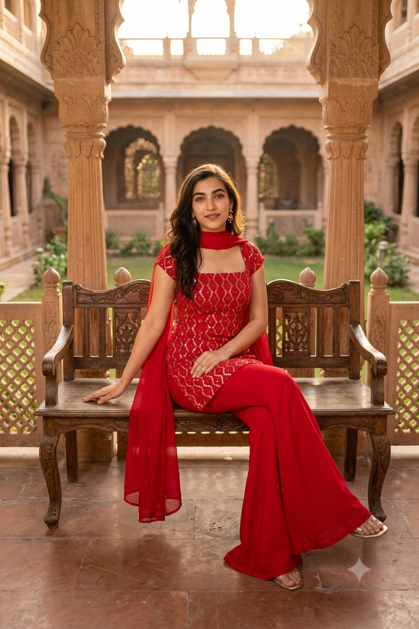 Women's Red Embroidered Kurti Palazzo & Dupatta Set
