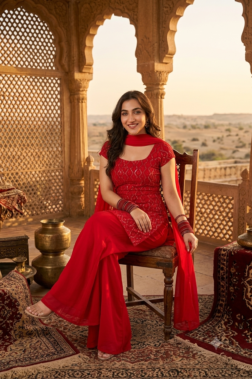 Women's Red Embroidered Kurti Palazzo & Dupatta Set