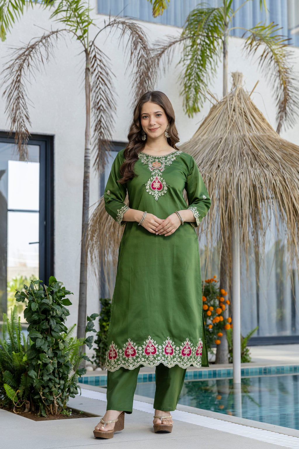 Women's Chanderi Embroidered Kurti Set with Pant & Pure Tebby Silk Printed Dupatta AF-RUTVI GREEN