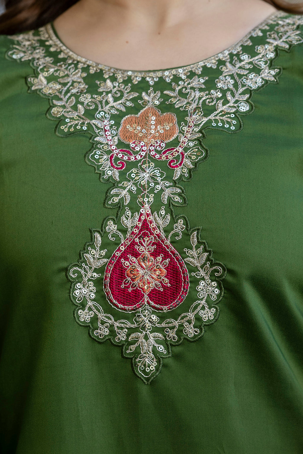 Women's Chanderi Embroidered Kurti Set with Pant & Pure Tebby Silk Printed Dupatta AF-RUTVI GREEN