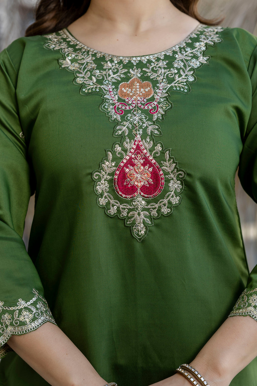 Women's Chanderi Embroidered Kurti Set with Pant & Pure Tebby Silk Printed Dupatta AF-RUTVI GREEN