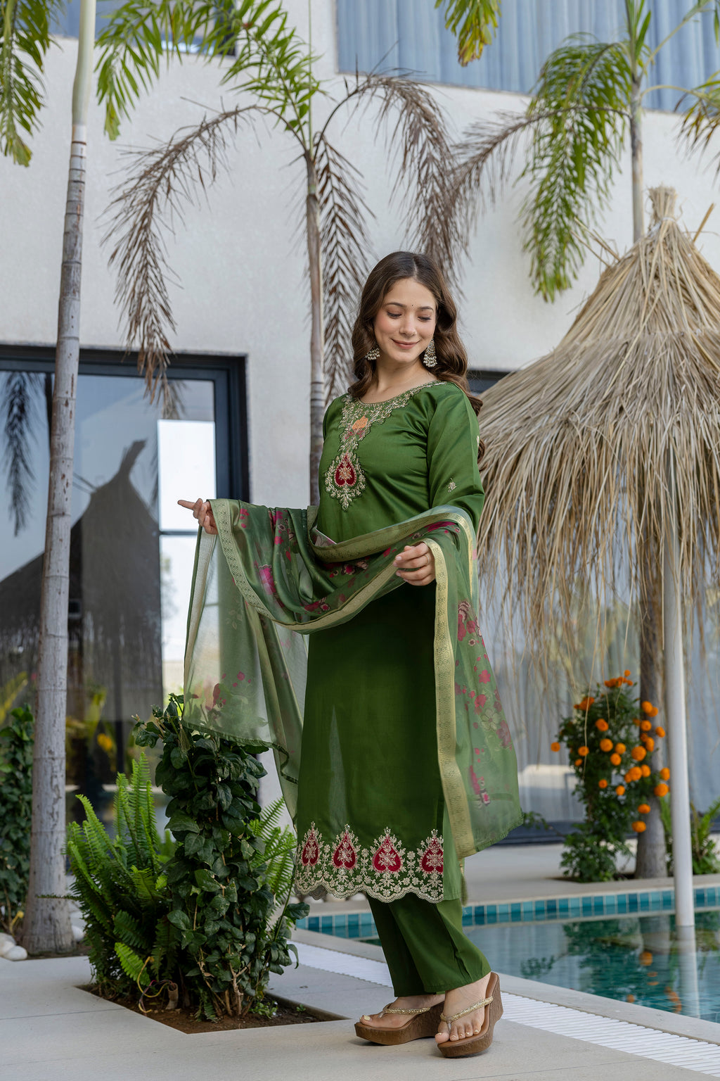 Women's Chanderi Embroidered Kurti Set with Pant & Pure Tebby Silk Printed Dupatta AF-RUTVI GREEN