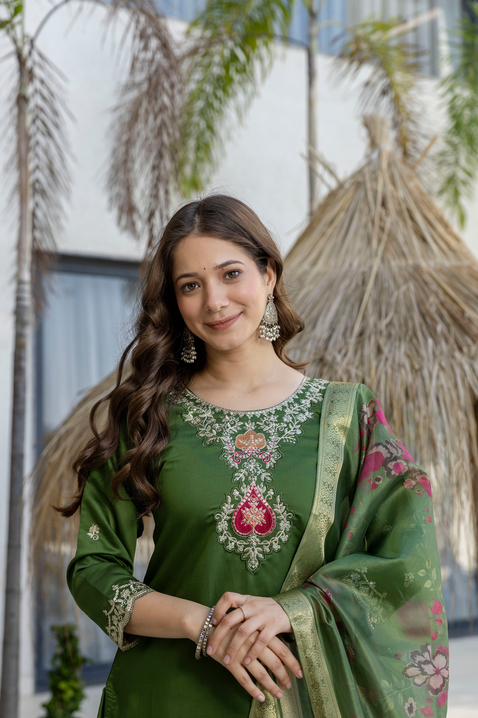 Women's Chanderi Embroidered Kurti Set with Pant & Pure Tebby Silk Printed Dupatta AF-RUTVI GREEN