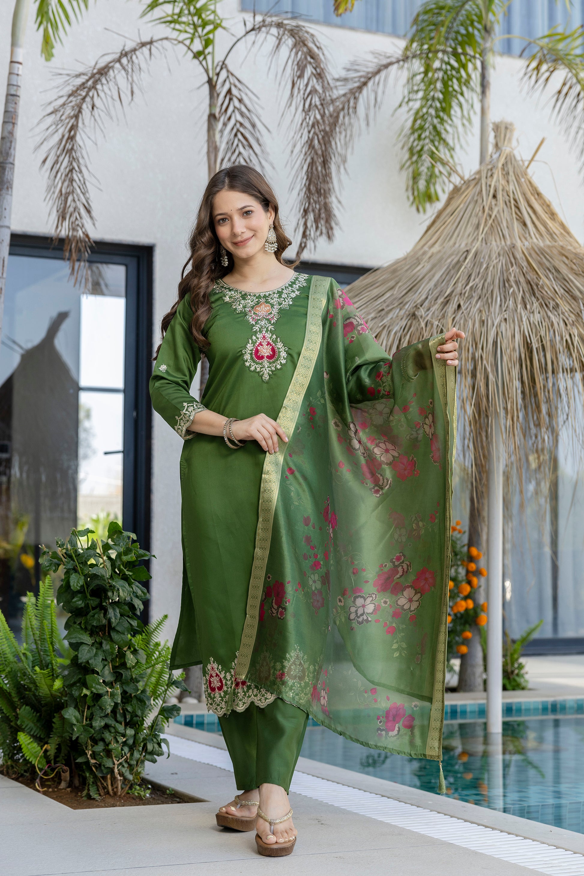 Women's Chanderi Embroidered Kurti Set with Pant & Pure Tebby Silk Printed Dupatta AF-RUTVI GREEN