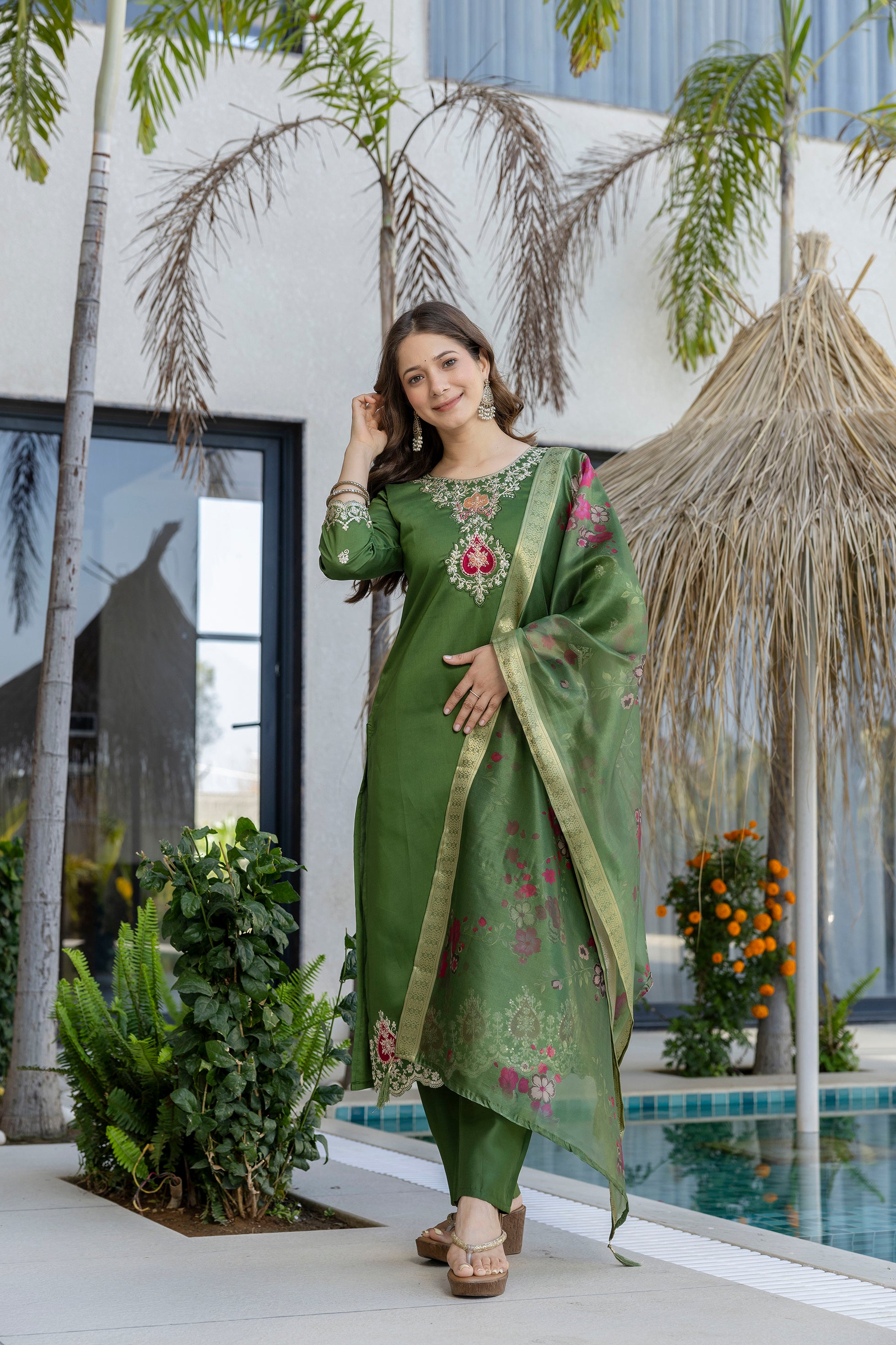 Women's Chanderi Embroidered Kurti Set with Pant & Pure Tebby Silk Printed Dupatta AF-RUTVI GREEN