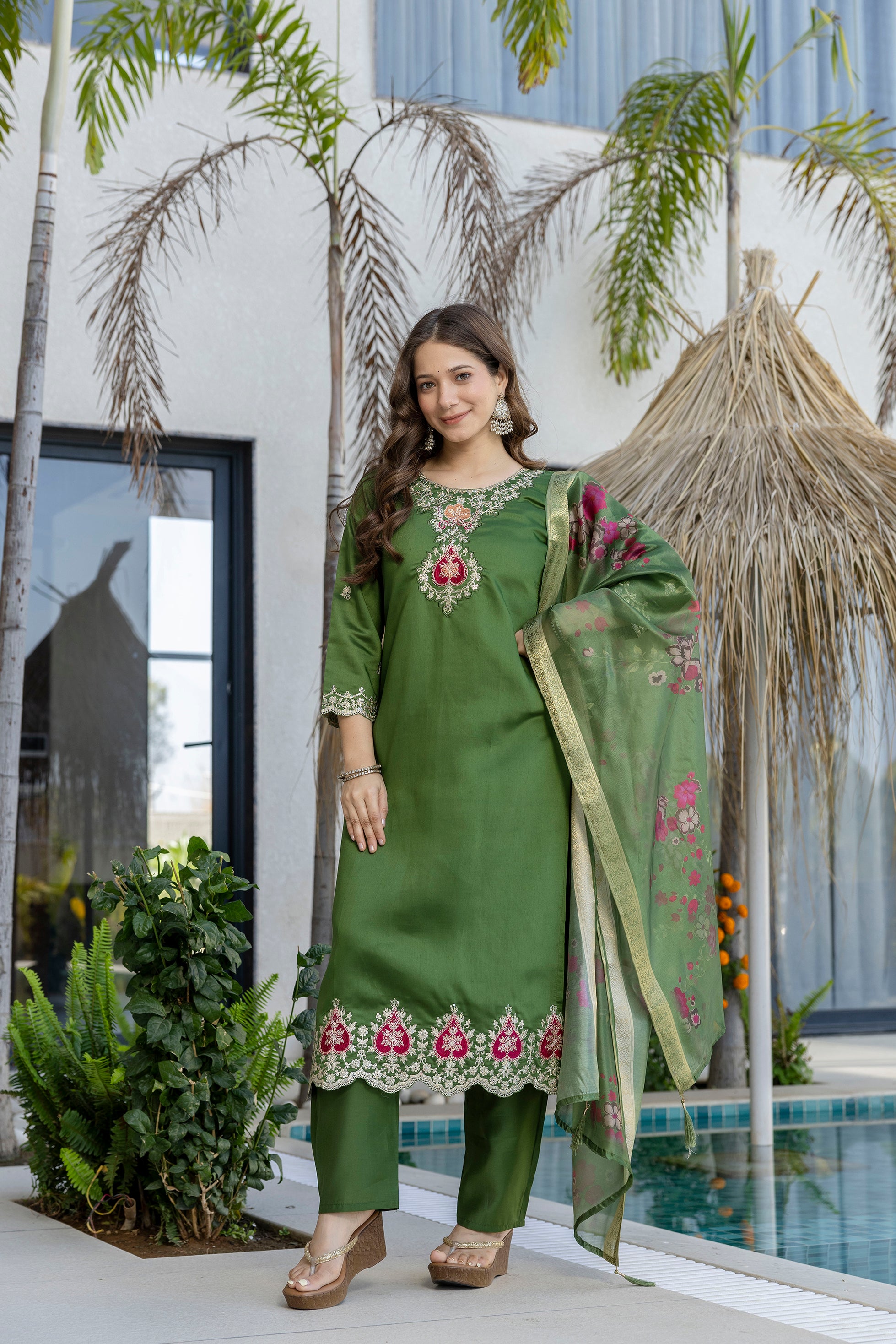 Women's Chanderi Embroidered Kurti Set with Pant & Pure Tebby Silk Printed Dupatta AF-RUTVI GREEN