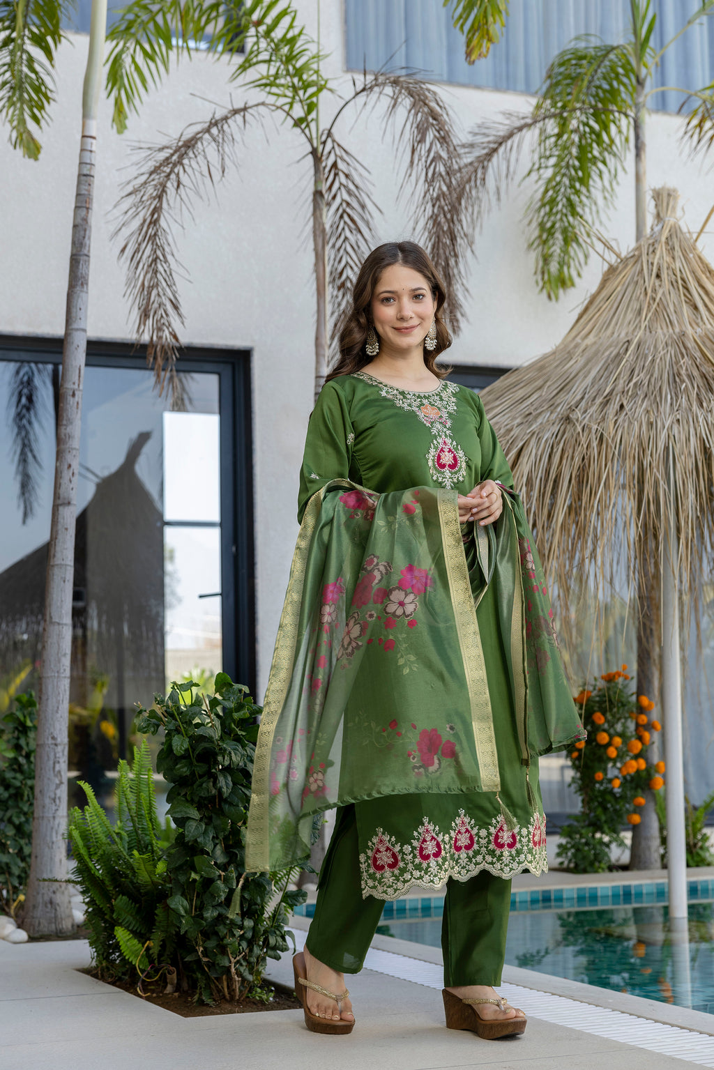 Women's Chanderi Embroidered Kurti Set with Pant & Pure Tebby Silk Printed Dupatta AF-RUTVI GREEN