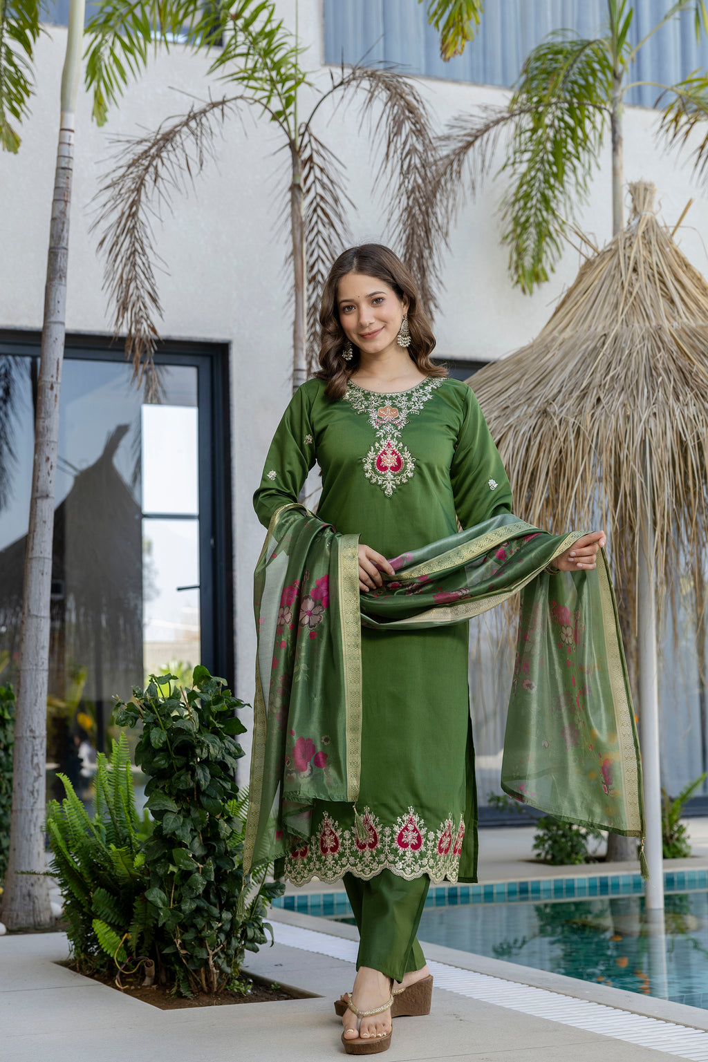 Women's Chanderi Embroidered Kurti Set with Pant & Pure Tebby Silk Printed Dupatta AF-RUTVI GREEN