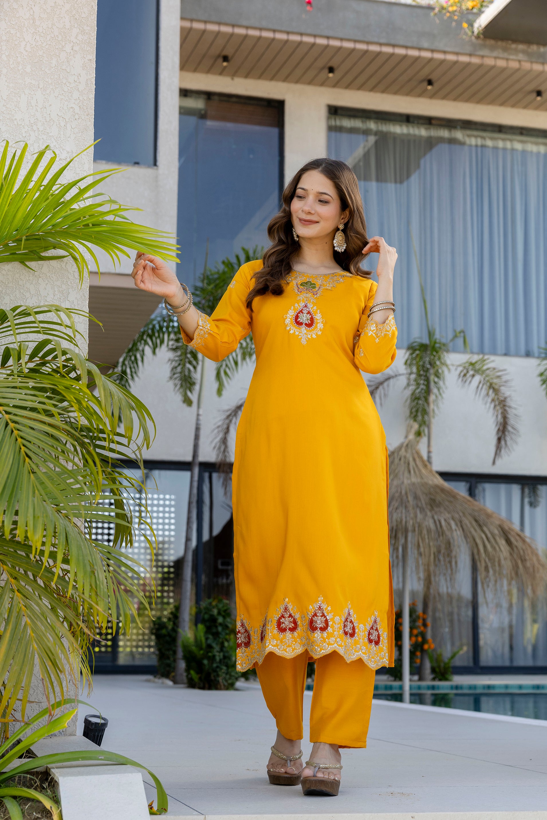 Women's Chanderi Embroidered Kurti Set with Pant & Pure Tebby Silk Printed Dupatta AF-RUTVI YELLOW