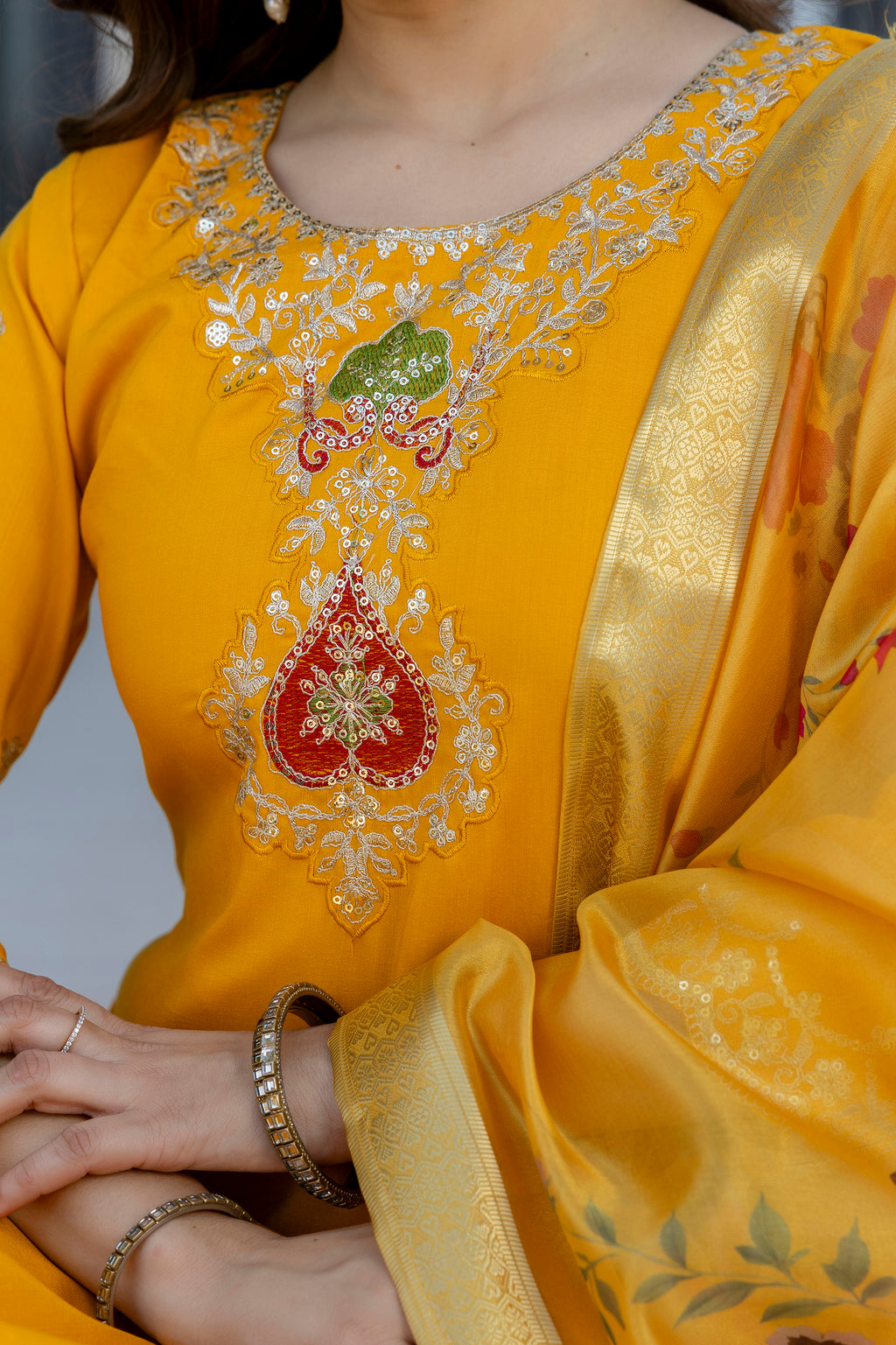Women's Chanderi Embroidered Kurti Set with Pant & Pure Tebby Silk Printed Dupatta AF-RUTVI YELLOW