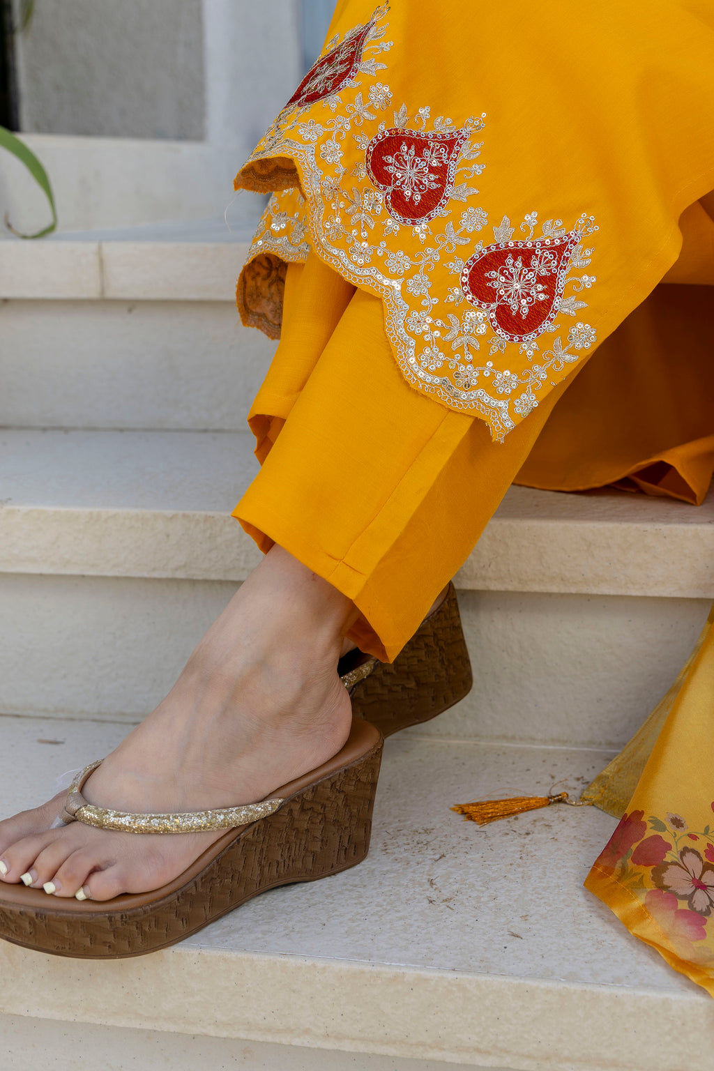 Women's Chanderi Embroidered Kurti Set with Pant & Pure Tebby Silk Printed Dupatta AF-RUTVI YELLOW