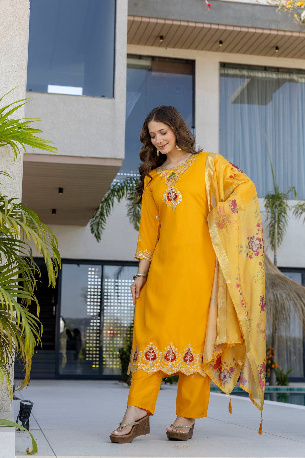 Women's Chanderi Embroidered Kurti Set with Pant & Pure Tebby Silk Printed Dupatta AF-RUTVI YELLOW