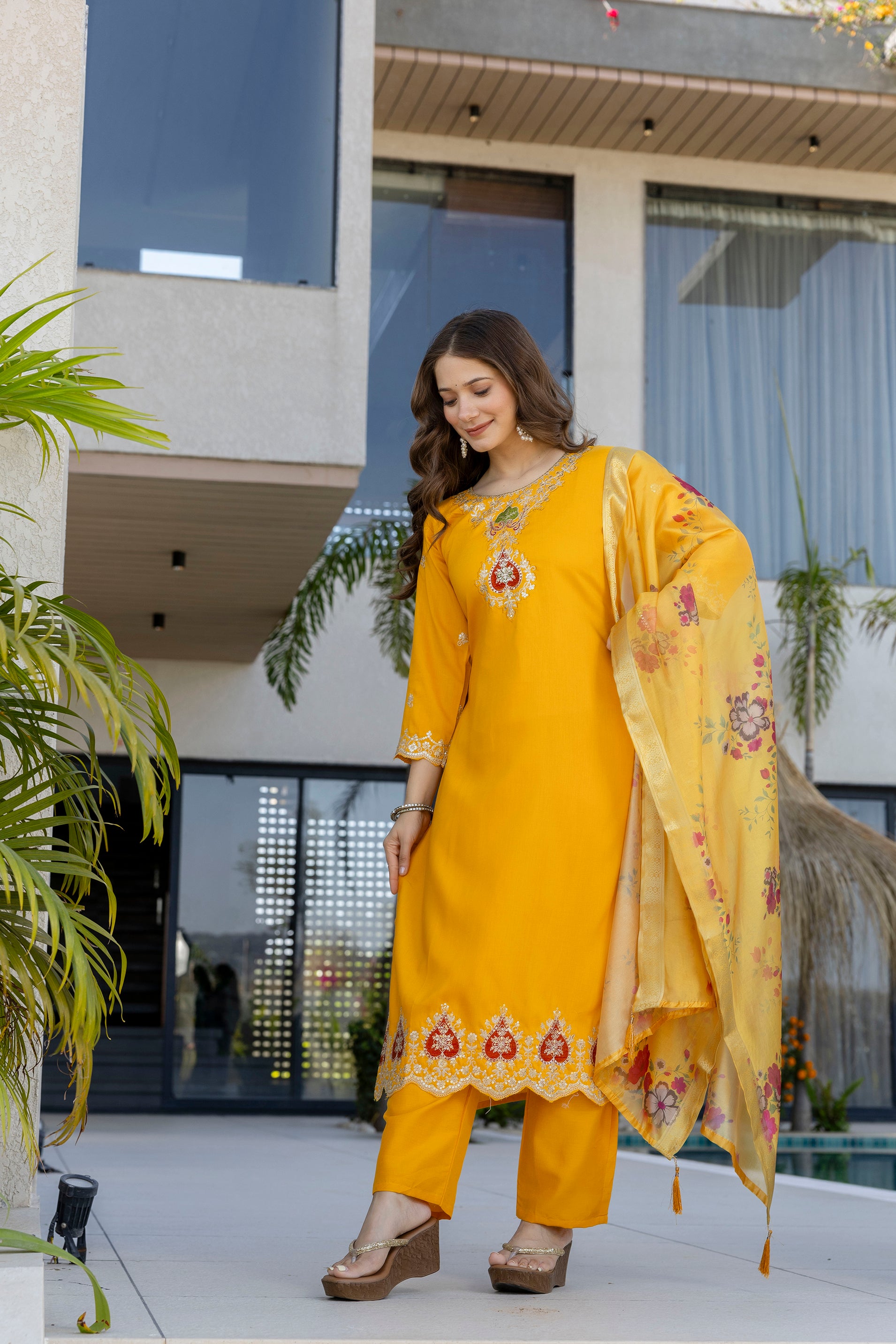 Women's Chanderi Embroidered Kurti Set with Pant & Pure Tebby Silk Printed Dupatta AF-RUTVI YELLOW