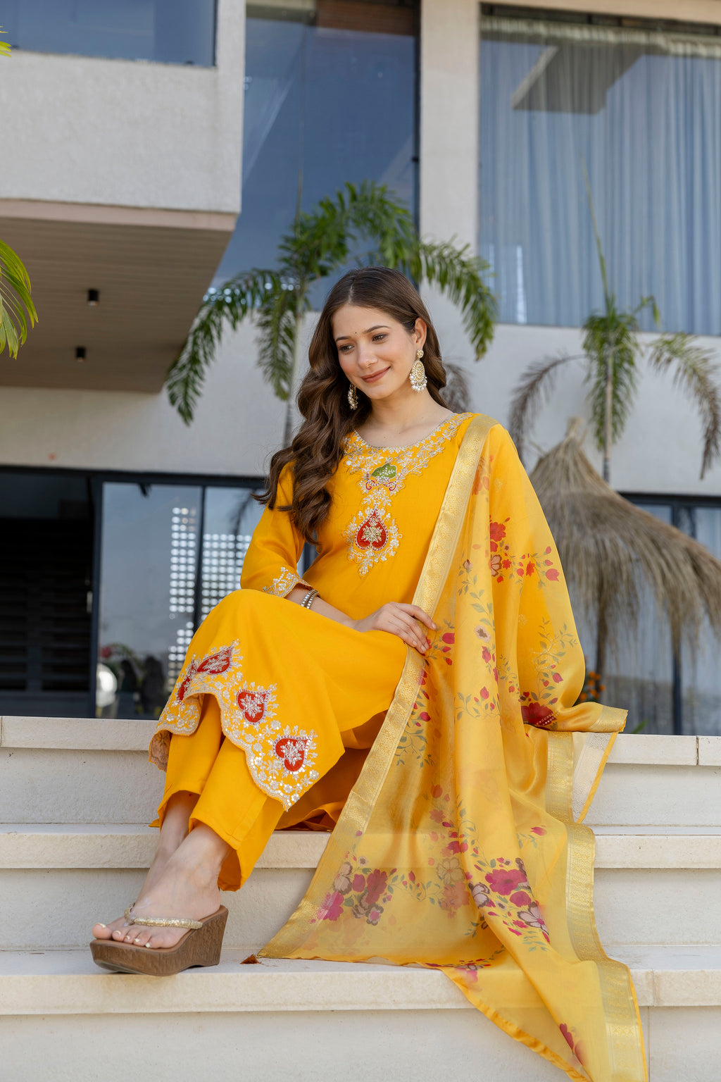 Women's Chanderi Embroidered Kurti Set with Pant & Pure Tebby Silk Printed Dupatta AF-RUTVI YELLOW