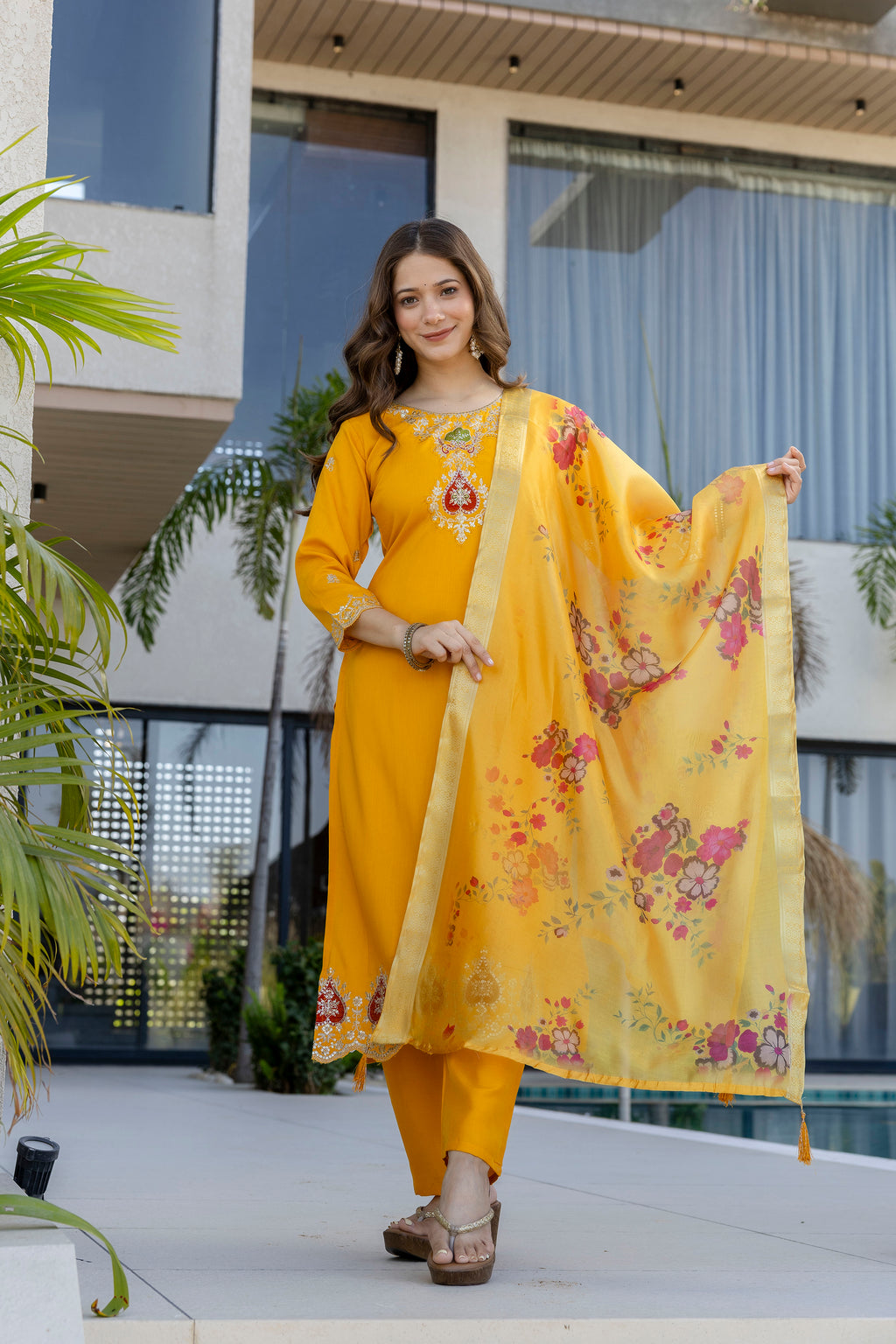 Women's Chanderi Embroidered Kurti Set with Pant & Pure Tebby Silk Printed Dupatta AF-RUTVI YELLOW