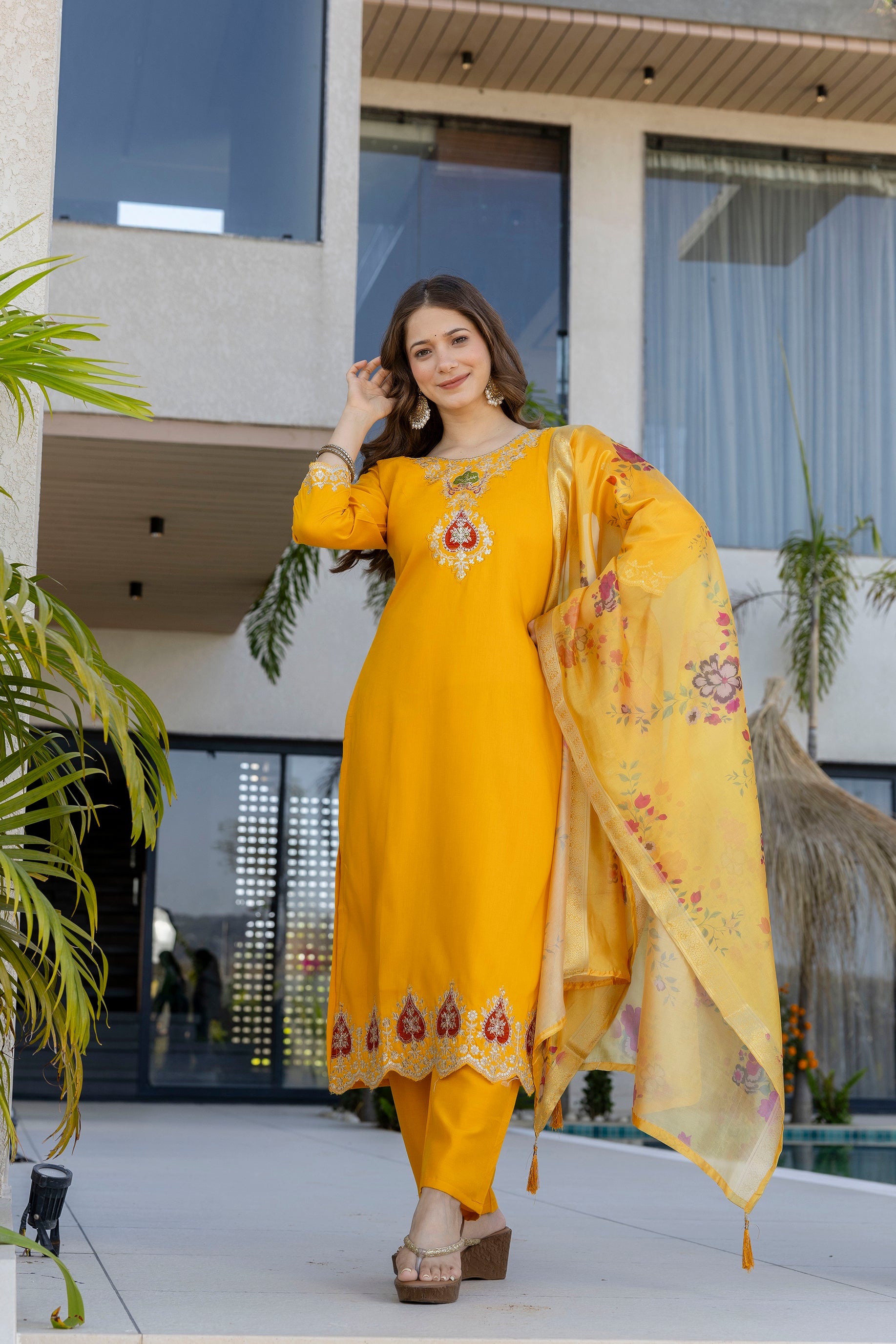 Women's Chanderi Embroidered Kurti Set with Pant & Pure Tebby Silk Printed Dupatta AF-RUTVI YELLOW