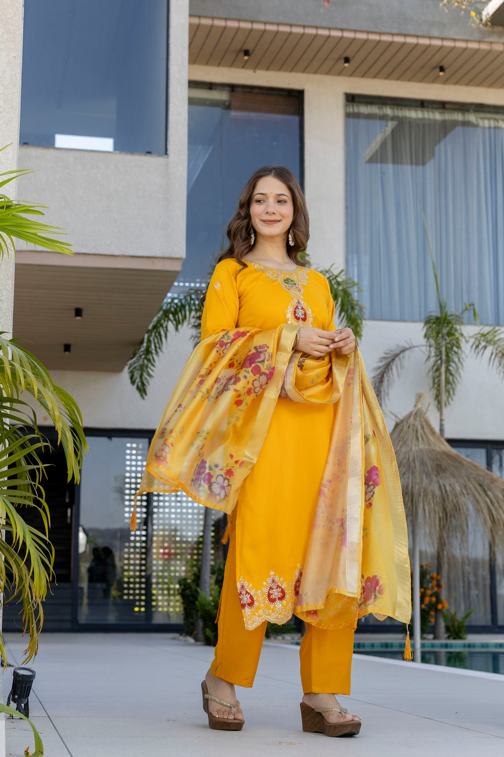 Women's Chanderi Embroidered Kurti Set with Pant & Pure Tebby Silk Printed Dupatta AF-RUTVI YELLOW