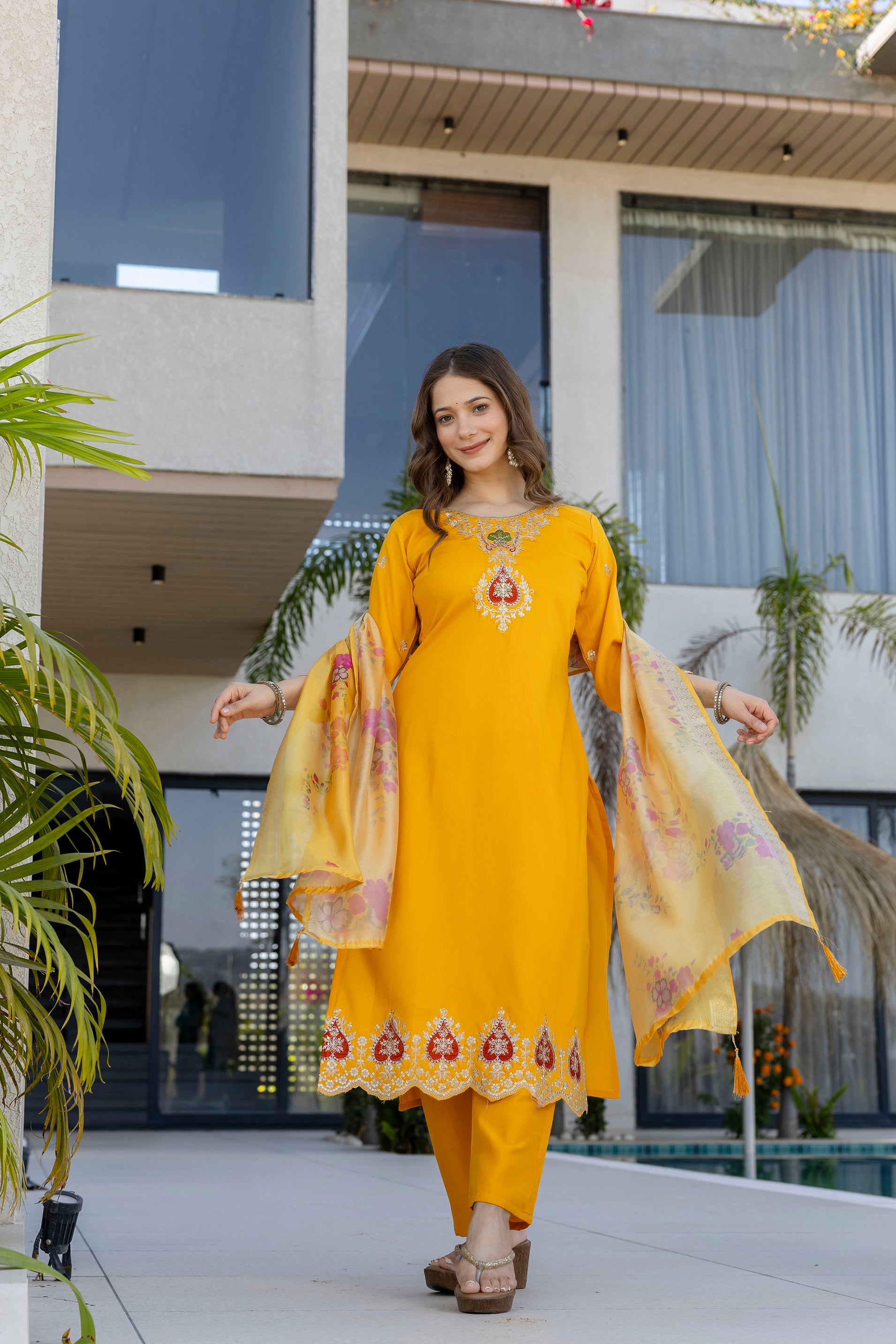 Women's Chanderi Embroidered Kurti Set with Pant & Pure Tebby Silk Printed Dupatta AF-RUTVI YELLOW
