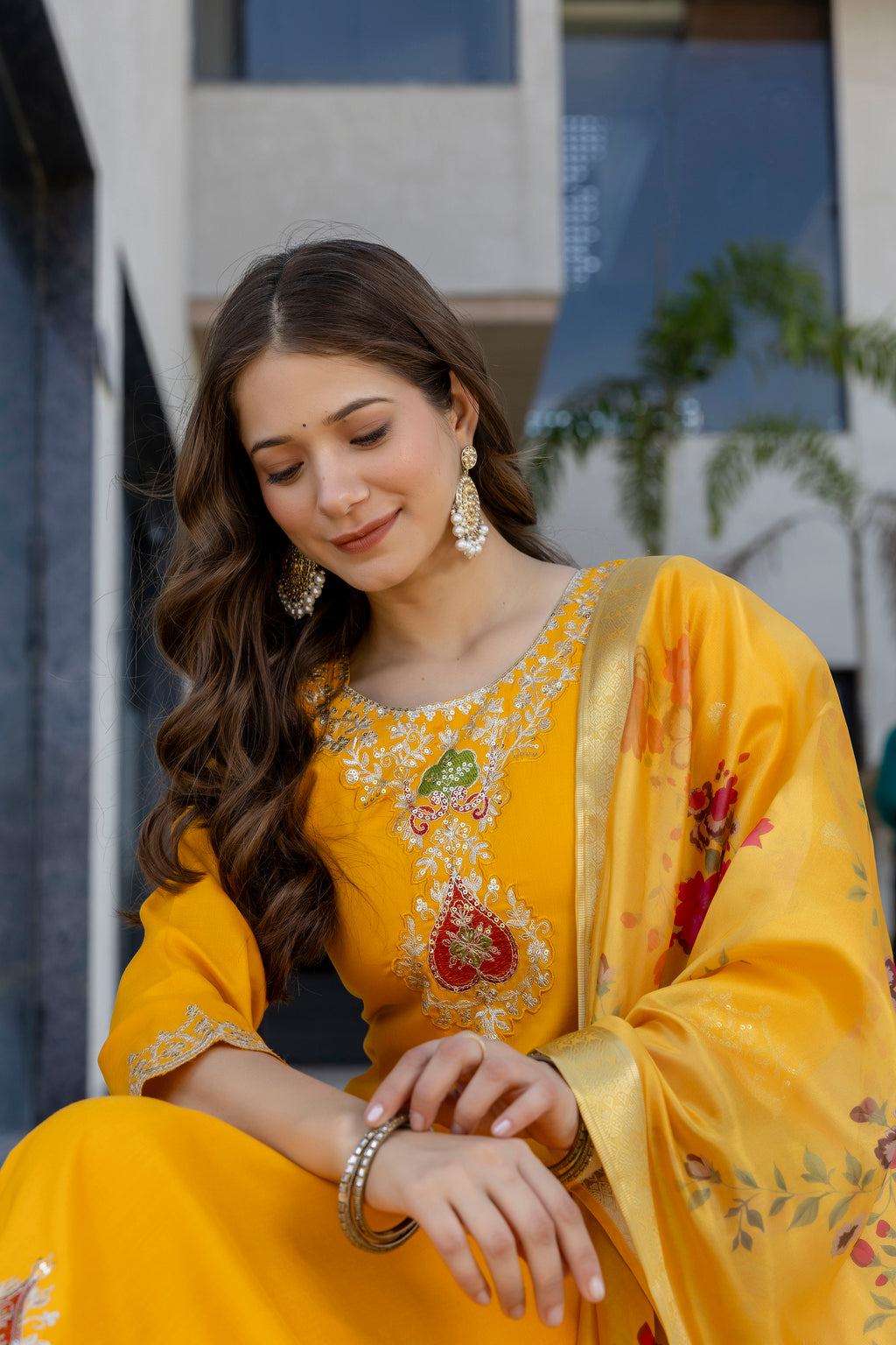 Women's Chanderi Embroidered Kurti Set with Pant & Pure Tebby Silk Printed Dupatta AF-RUTVI YELLOW