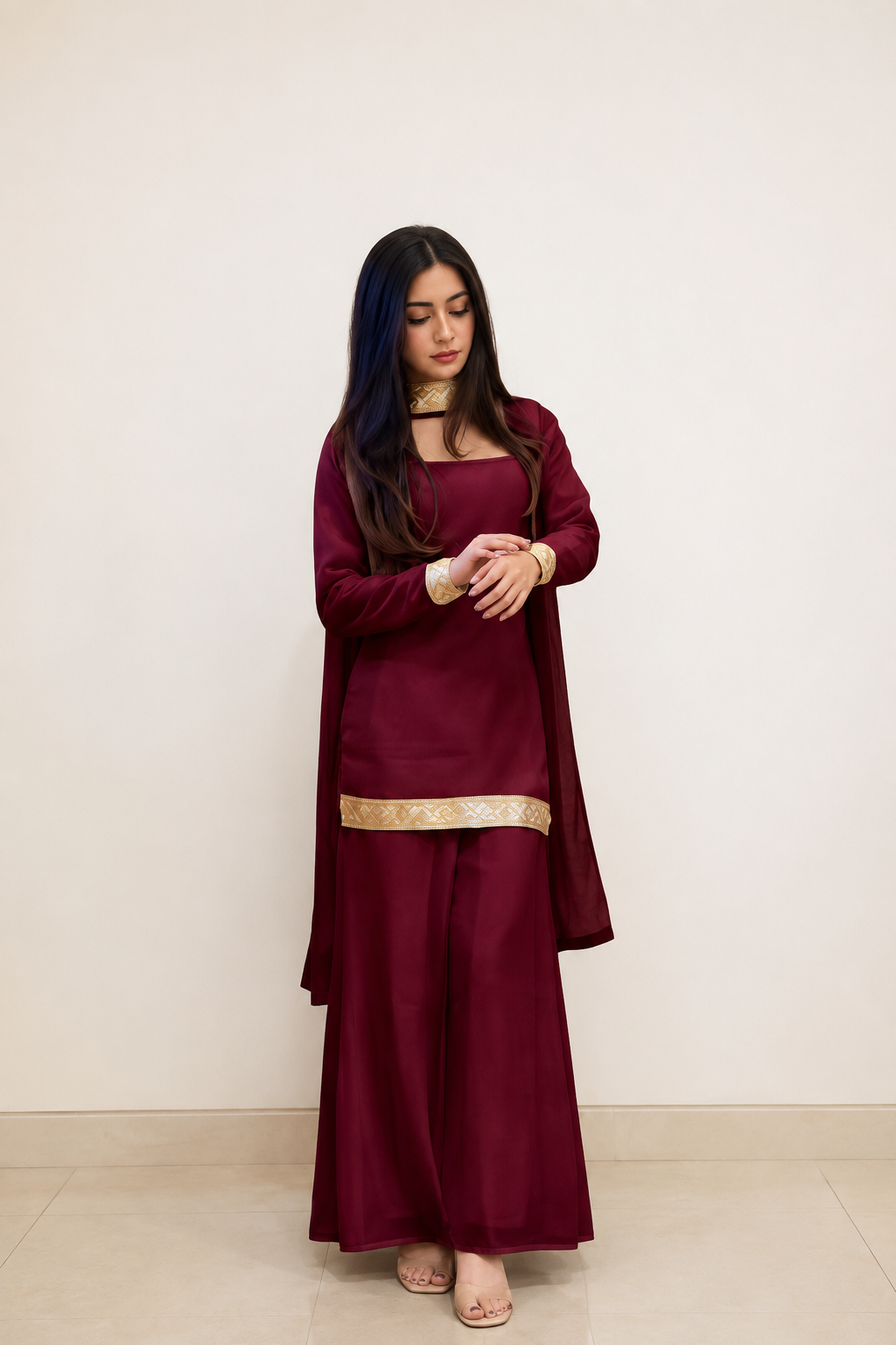 Women's Maroon Party Wear Ethnic Kurta Set