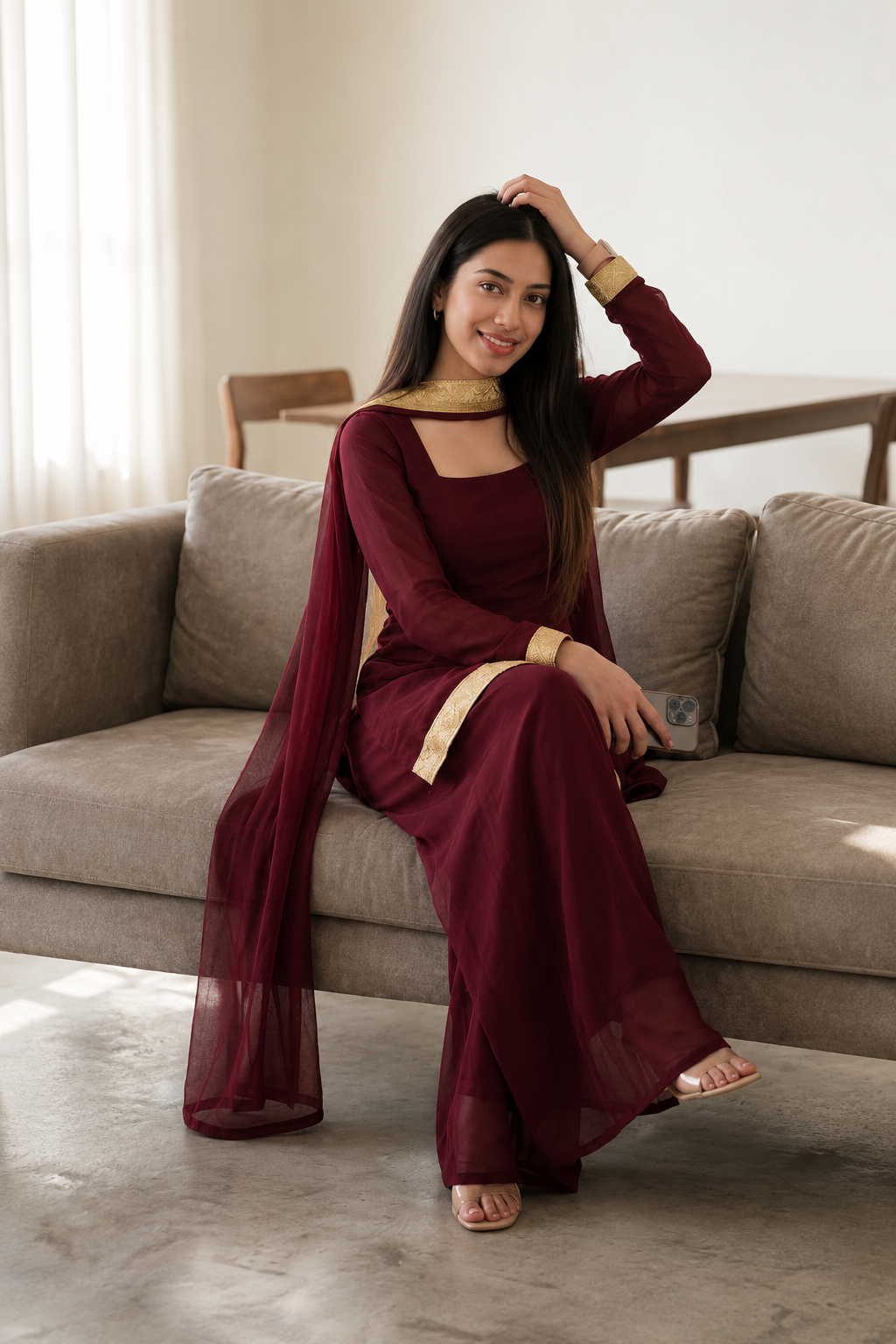 Women's Maroon Party Wear Ethnic Kurta Set