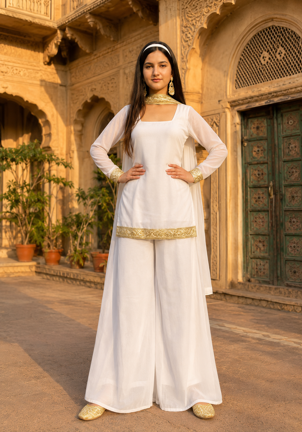Women's White Kurta Palazzo Dupatta Set