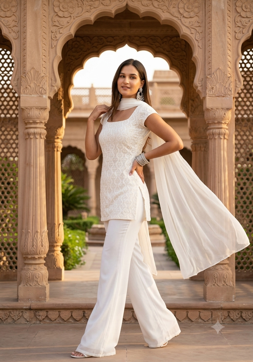 Women's White Embroidered Kurti Palazzo & Dupatta Set