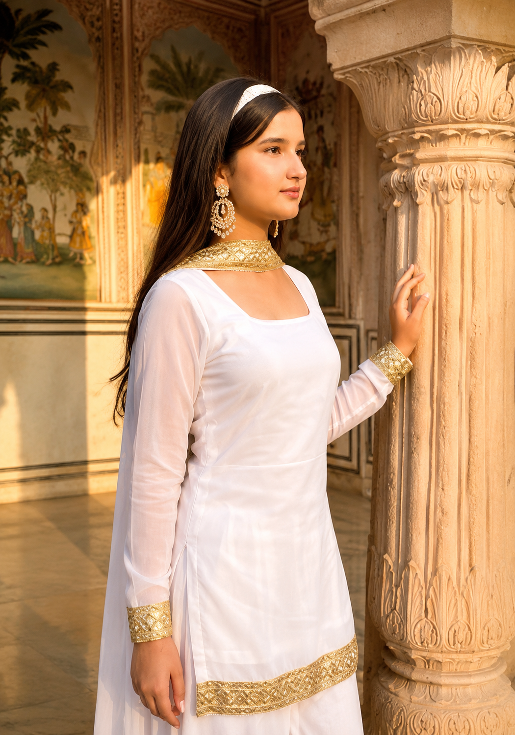 Women's White Kurta Palazzo Dupatta Set