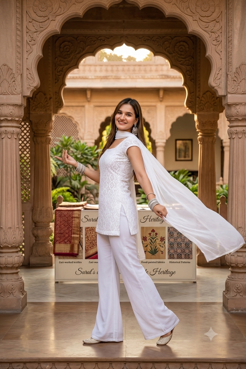 Women's White Embroidered Kurti Palazzo & Dupatta Set