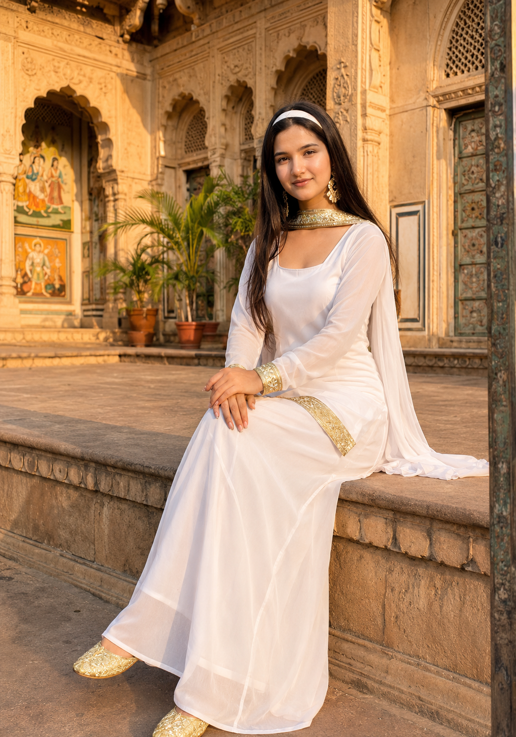 Women's White Kurta Palazzo Dupatta Set