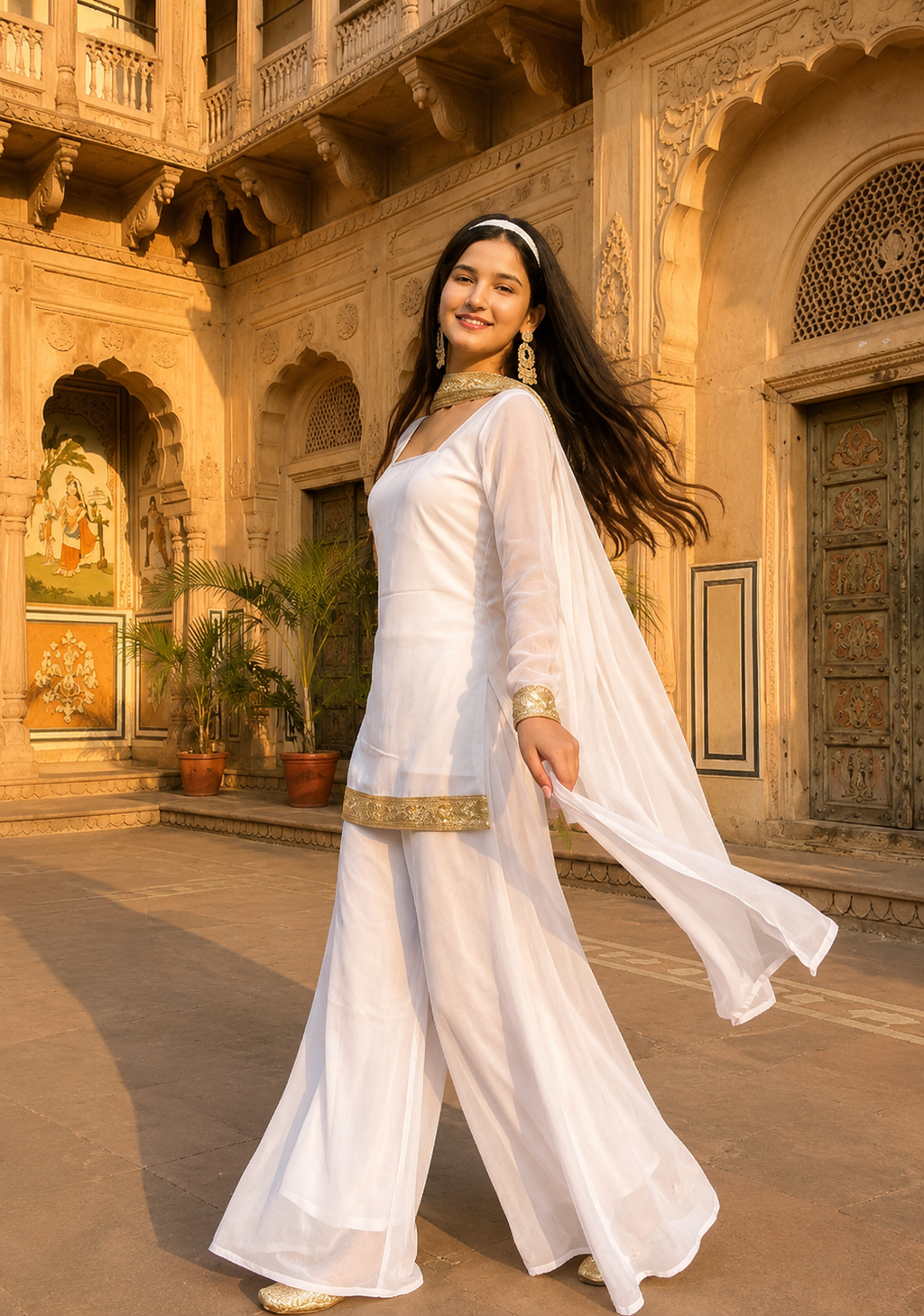 Women's White Kurta Palazzo Dupatta Set