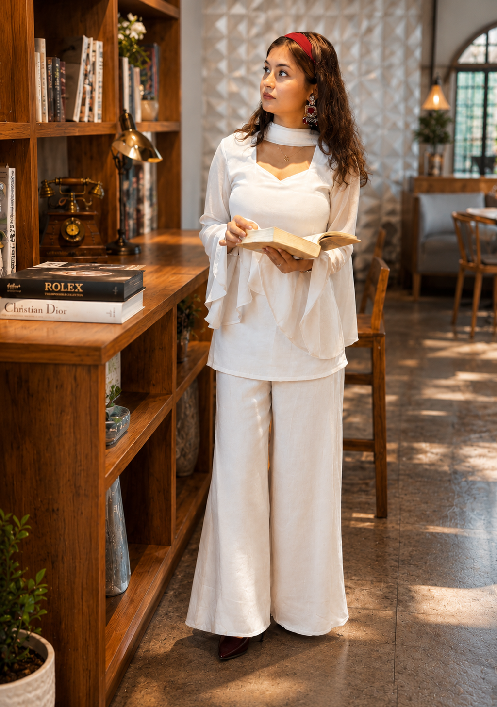 Women's Ethnic V neck Co-Ord Set with Palazzo and Dupatta