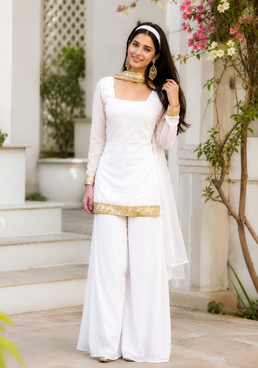 Women's White Kurta Palazzo Dupatta Set