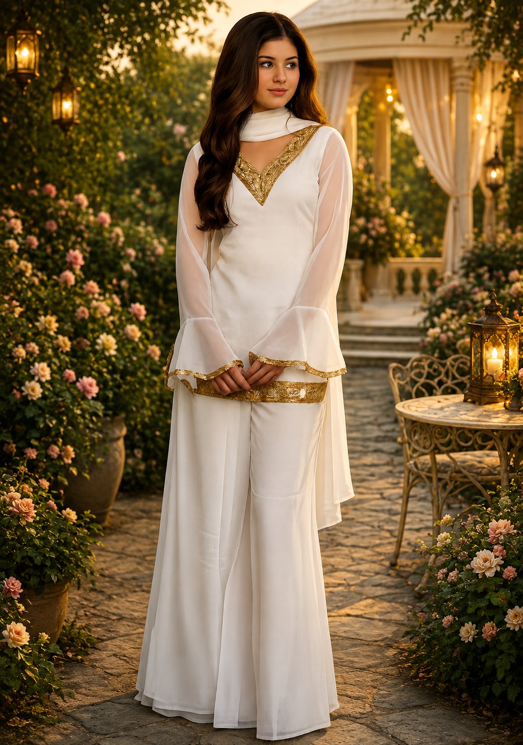 Women's Ethnic V neck Co-Ord Set with Palazzo and Dupatta