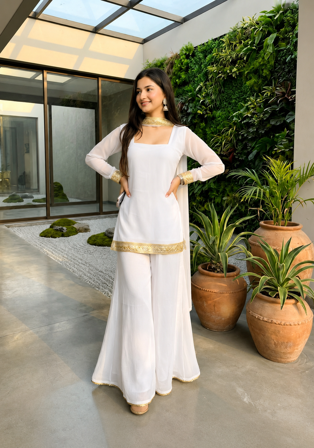 Women's White Kurta Palazzo Dupatta Set