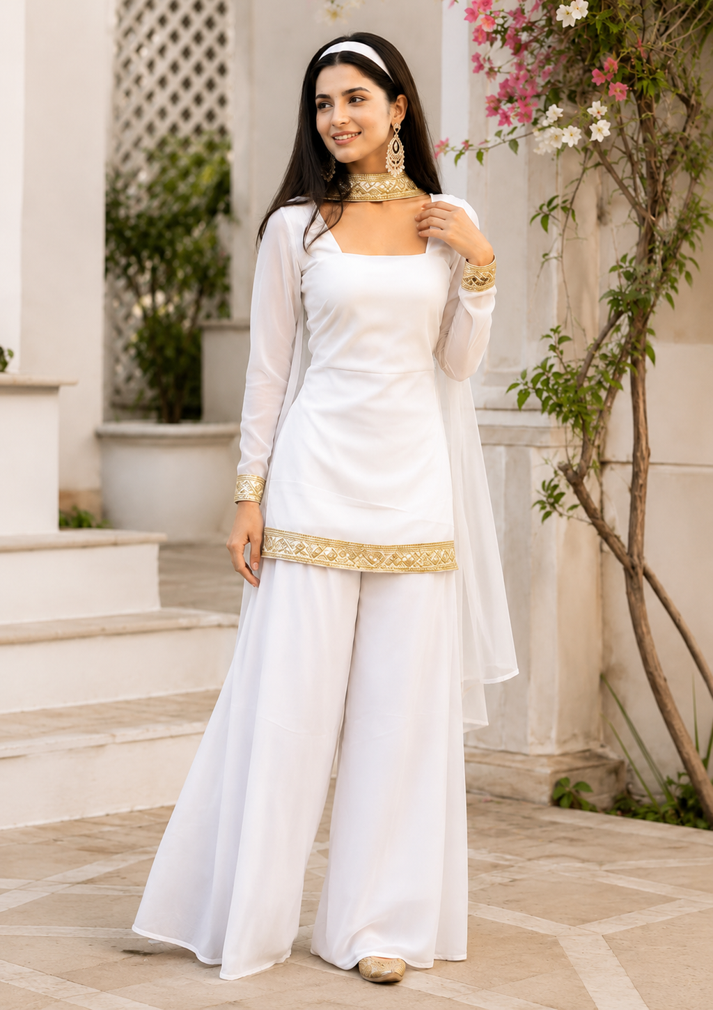 Women's White Kurta Palazzo Dupatta Set