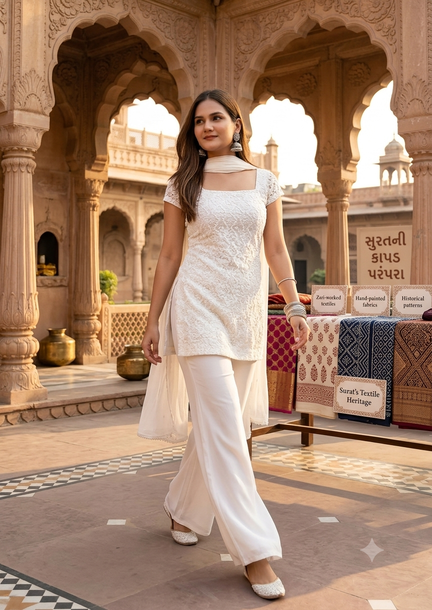 Women's White Embroidered Kurti Palazzo & Dupatta Set