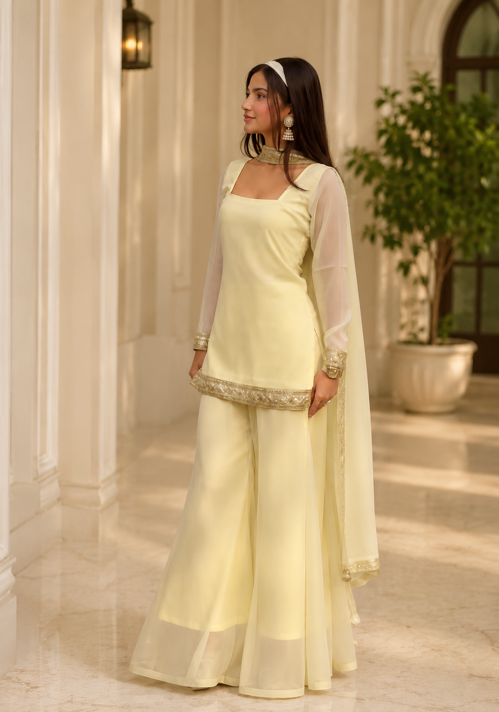 Women's Yellow Festive Kurta Palazzo Dupatta Set