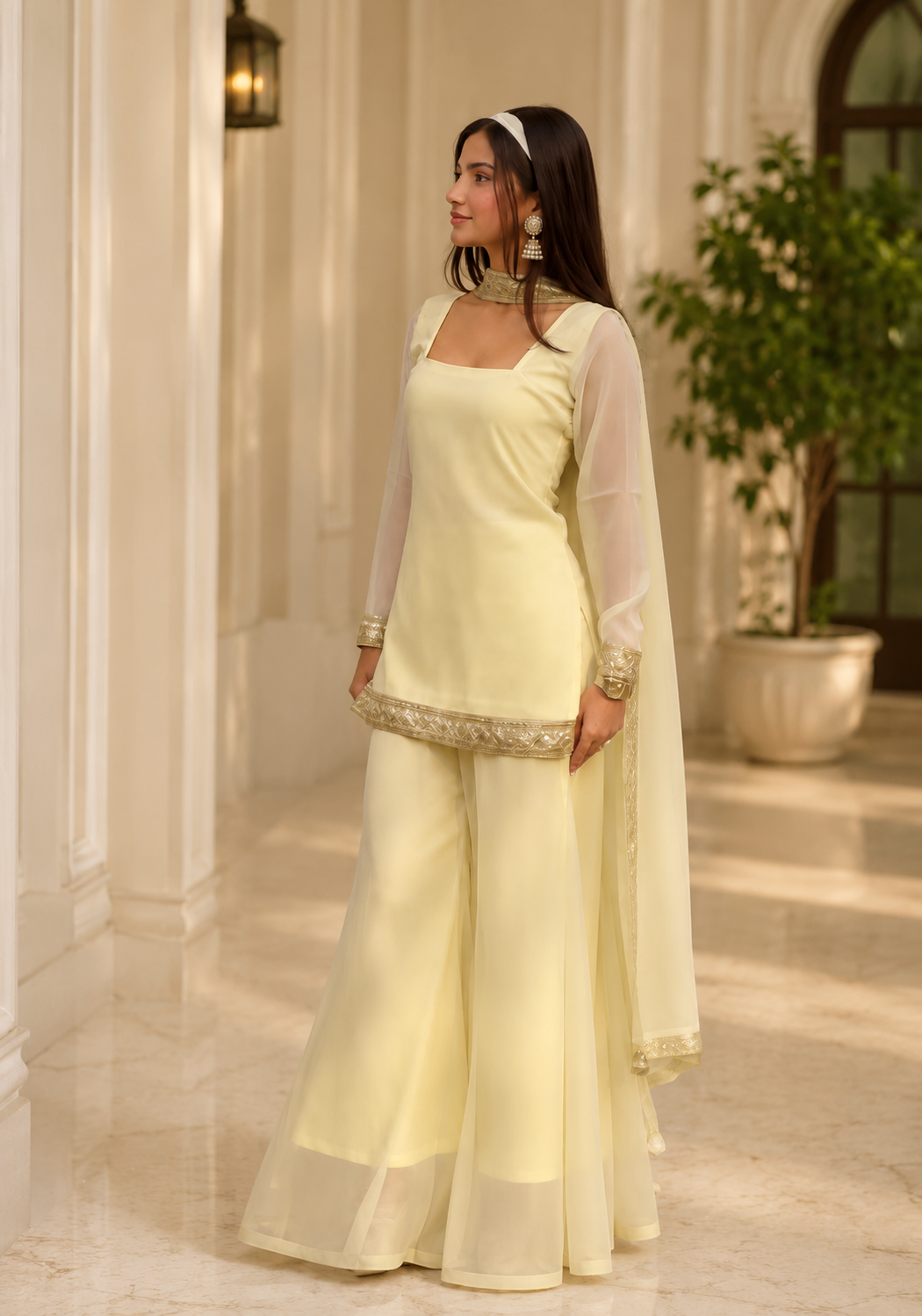 Women's Yellow Festive Kurta Palazzo Dupatta Set