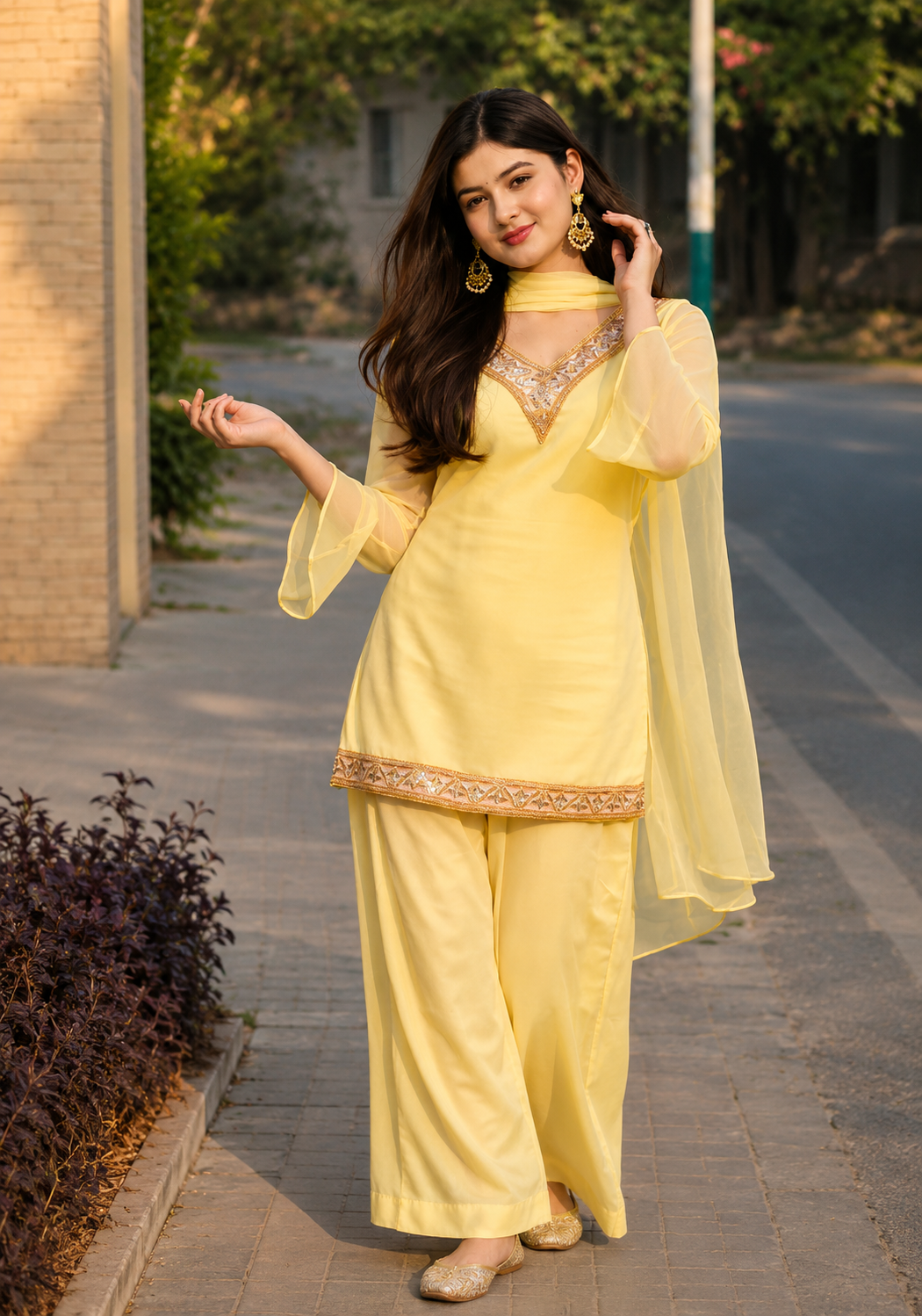 Women's Ethnic V neck Co-Ord Set with Palazzo and Dupatta
