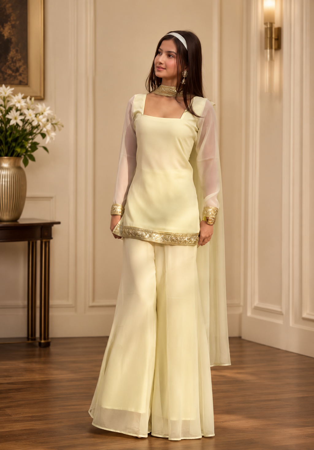Women's Yellow Festive Kurta Palazzo Dupatta Set