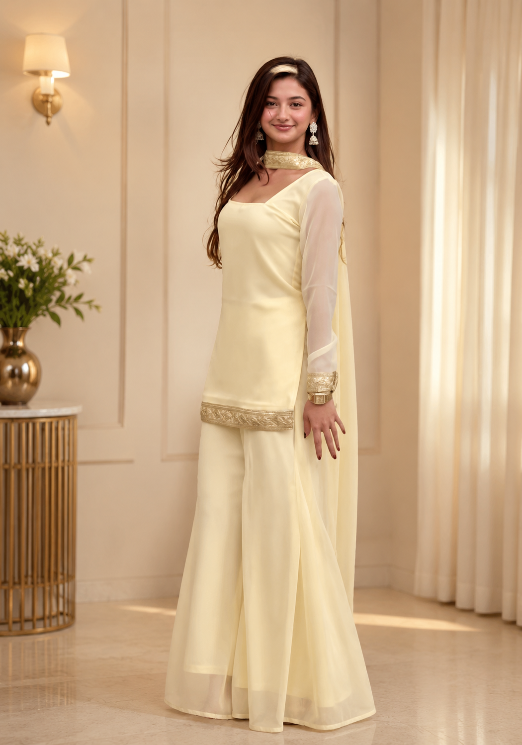 Women's Yellow Festive Kurta Palazzo Dupatta Set