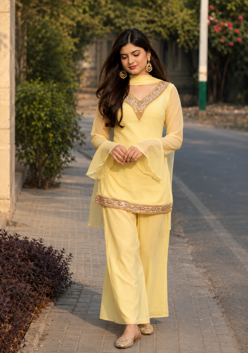 Women's Ethnic V neck Co-Ord Set with Palazzo and Dupatta