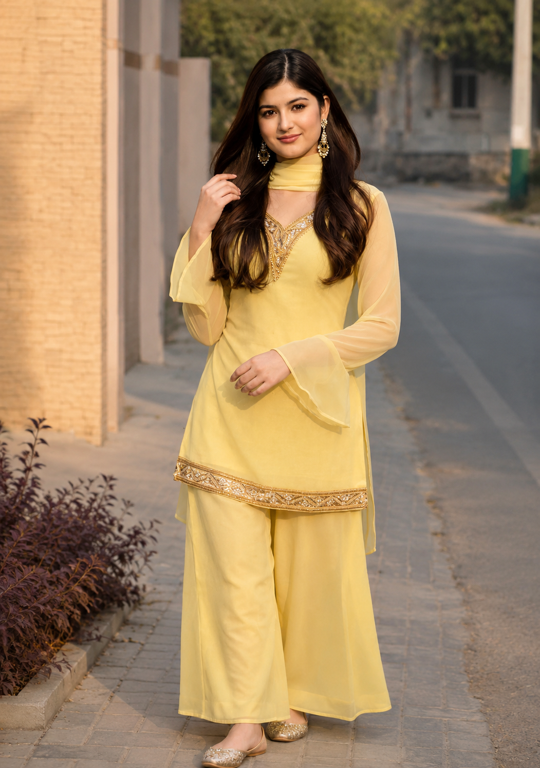 Women's Ethnic V neck Co-Ord Set with Palazzo and Dupatta