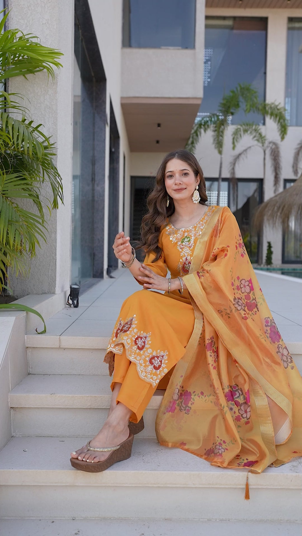 Women's Chanderi Embroidered Kurti Set with Pant & Pure Tebby Silk Printed Dupatta AF-RUTVI YELLOW